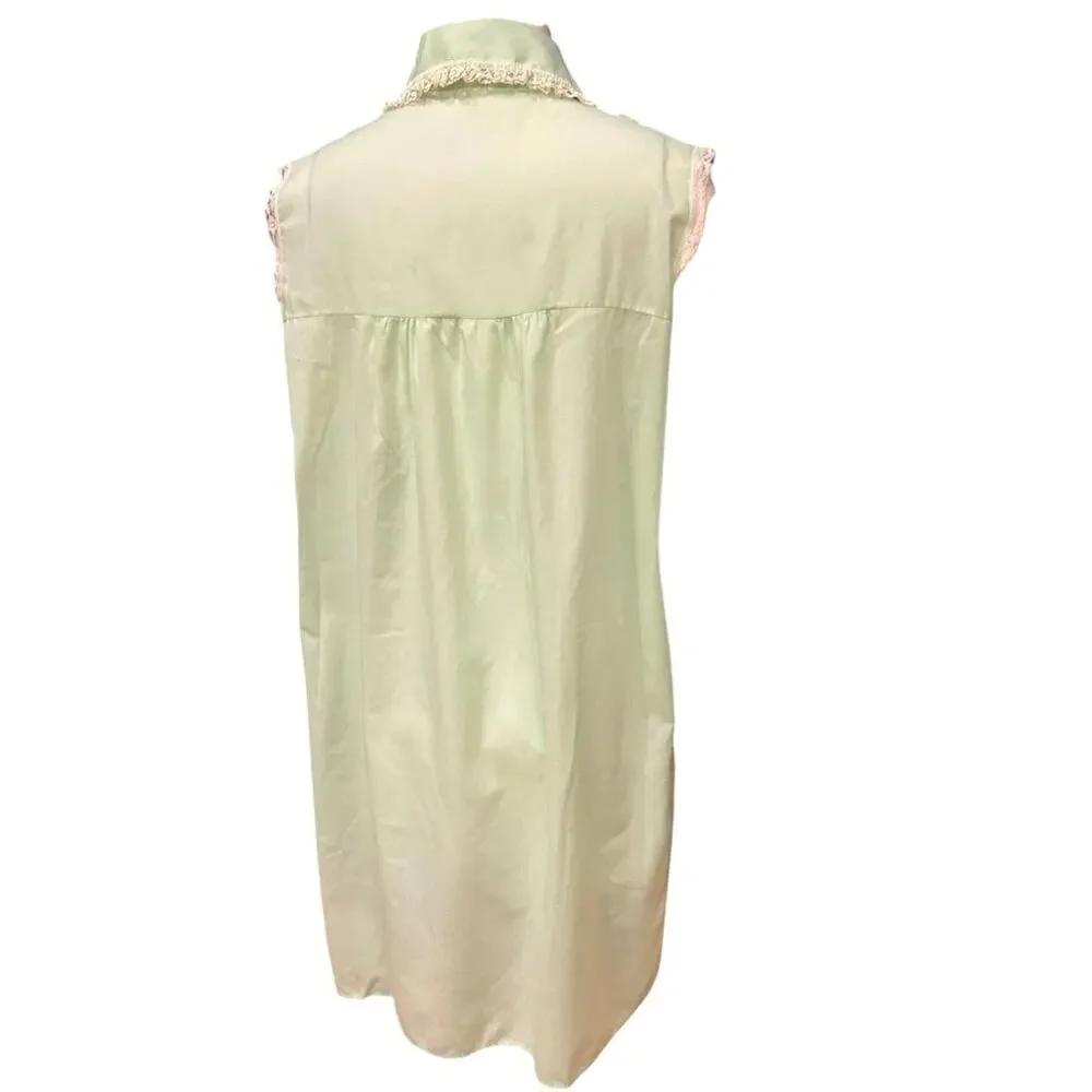 Vintage 1960s Mint Green Lace Cotton Nightgown Embroidered Floral Large -